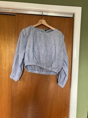 Zara Light Blue Striped Cropped Long-Sleeve Top